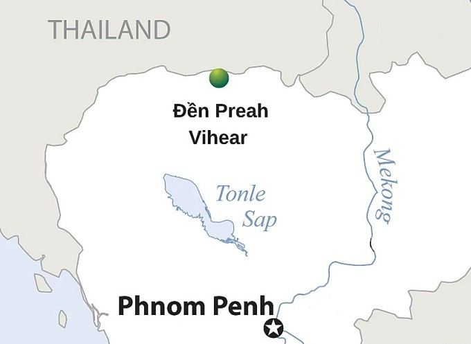 Vị trí đền Preah Vihear ở biên giới Thái Lan - Campuchia. Đồ họa: ReliefWeb Vị trí đền Preah Vihear ở biên giới Thái Lan - Campuchia. Đồ họa: ReliefWeb