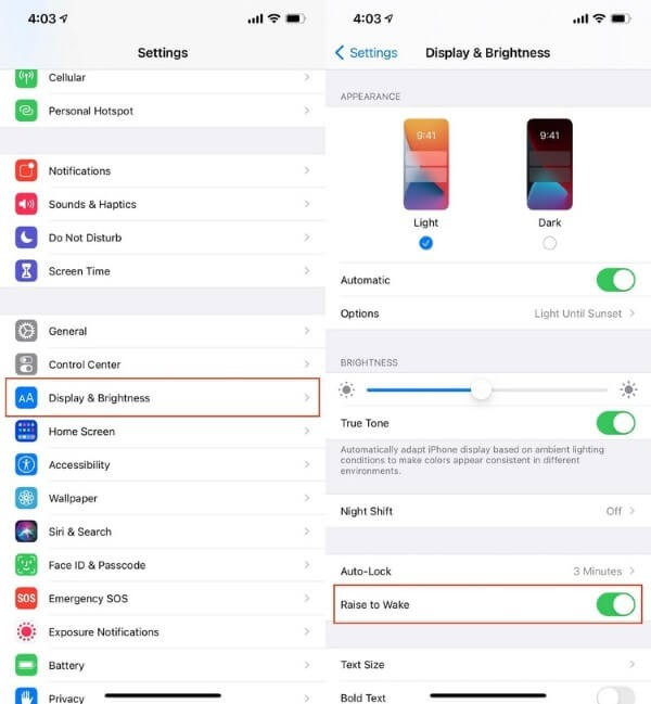 Chọn tắt Raise to Wake