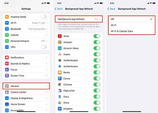 Chọn tắt mục Làm mới ứng dụng nền