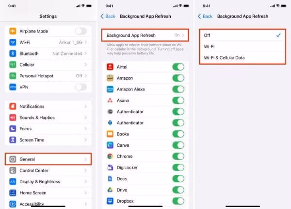 Chọn tắt mục Làm mới ứng dụng nền