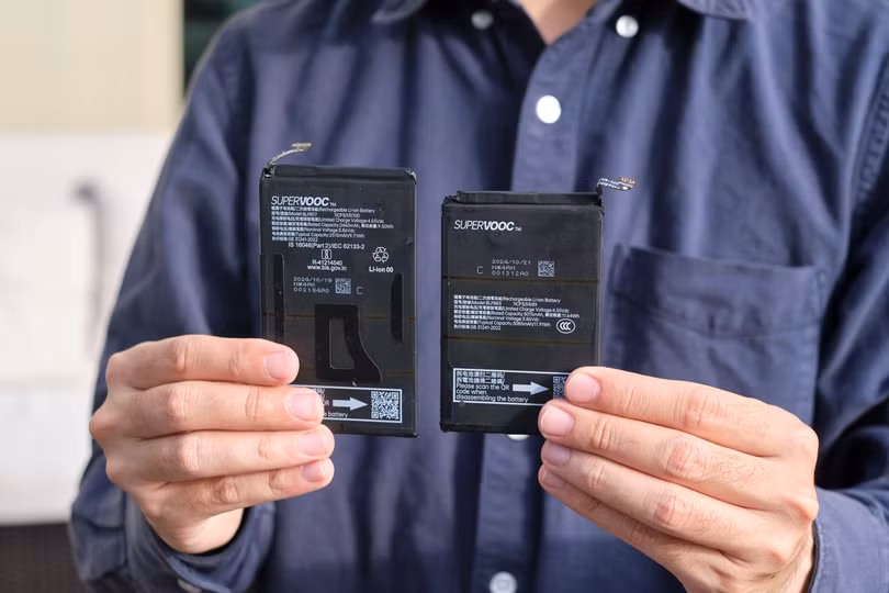 Hai viên pin siêu mỏng dùng công nghệ Silicon-carbon của Oppo. Ảnh: TA.