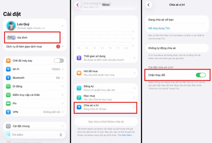 Các thao tác để bật chia sẻ vị trí và khóa cài đặt này của thiết bị.