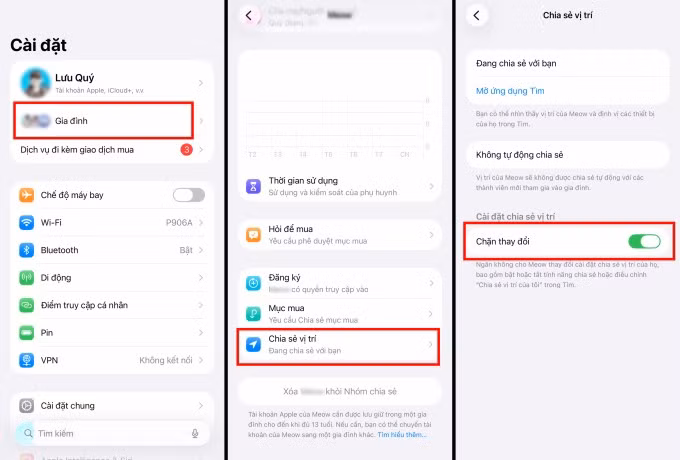 Các thao tác để bật chia sẻ vị trí và khóa cài đặt này của thiết bị.