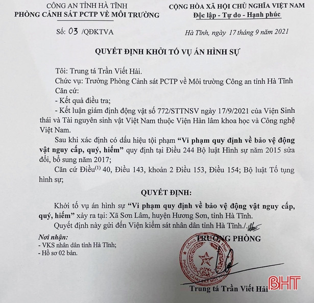 Cảnh sát Môi trường Hà Tĩnh khởi tố vụ phát hiện cá thể hổ đông lạnh trong nhà dân
