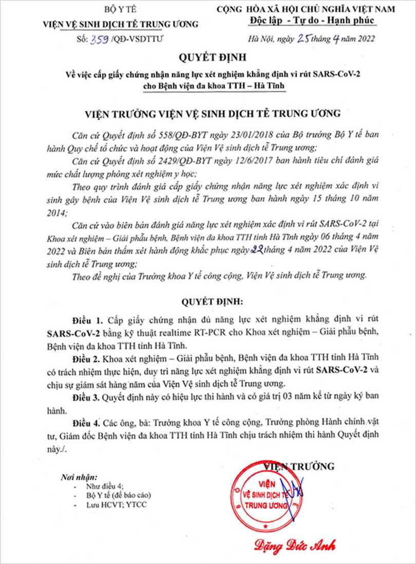 Bệnh viện Đa khoa TTH Hà Tĩnh đủ năng lực xét nghiệm khẳng định COVID-19 cho người dân có nhu cầu xuất cảnh