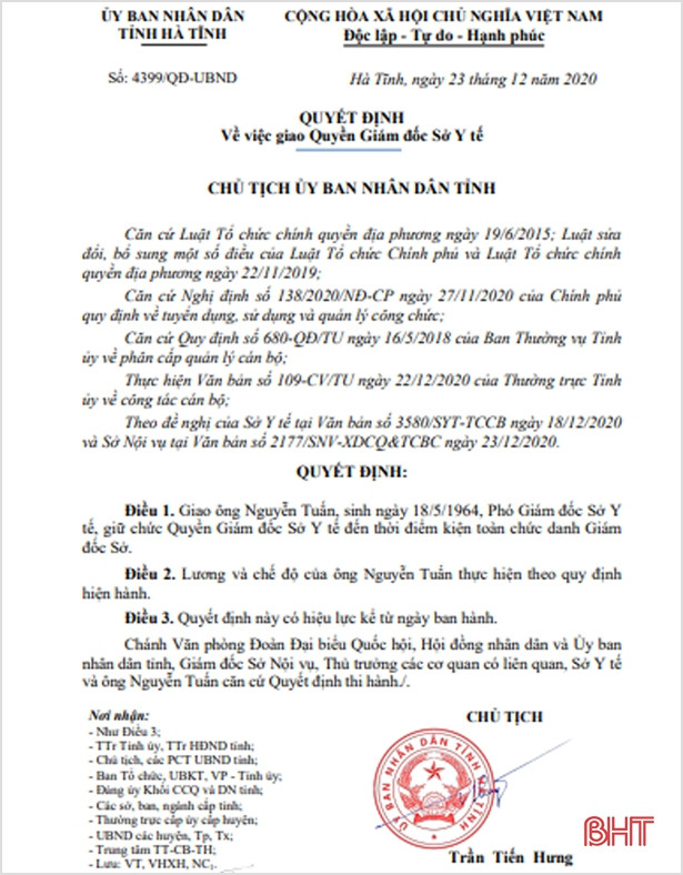 Ông Nguyễn Tuấn được giao quyền Giám đốc Sở Y tế Hà Tĩnh