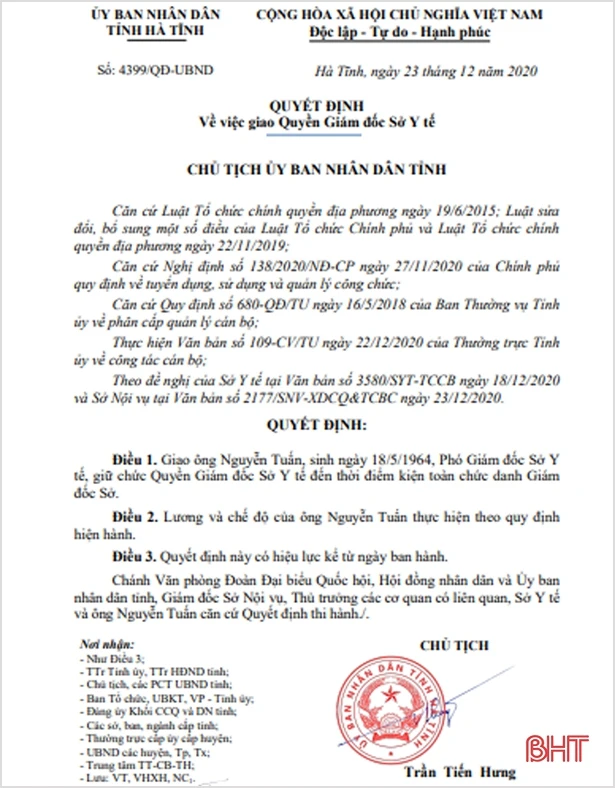 Ông Nguyễn Tuấn được giao quyền Giám đốc Sở Y tế Hà Tĩnh