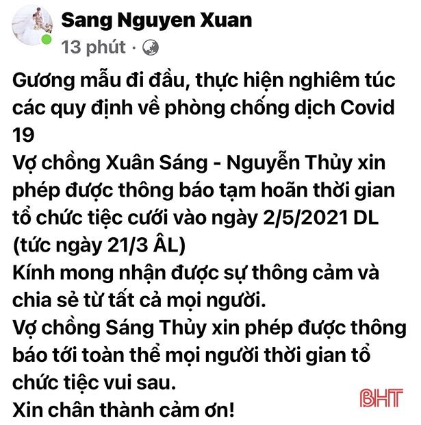 Một cán bộ Đoàn ở Hà Tĩnh hoãn cưới để phòng chống dịch Covid-19