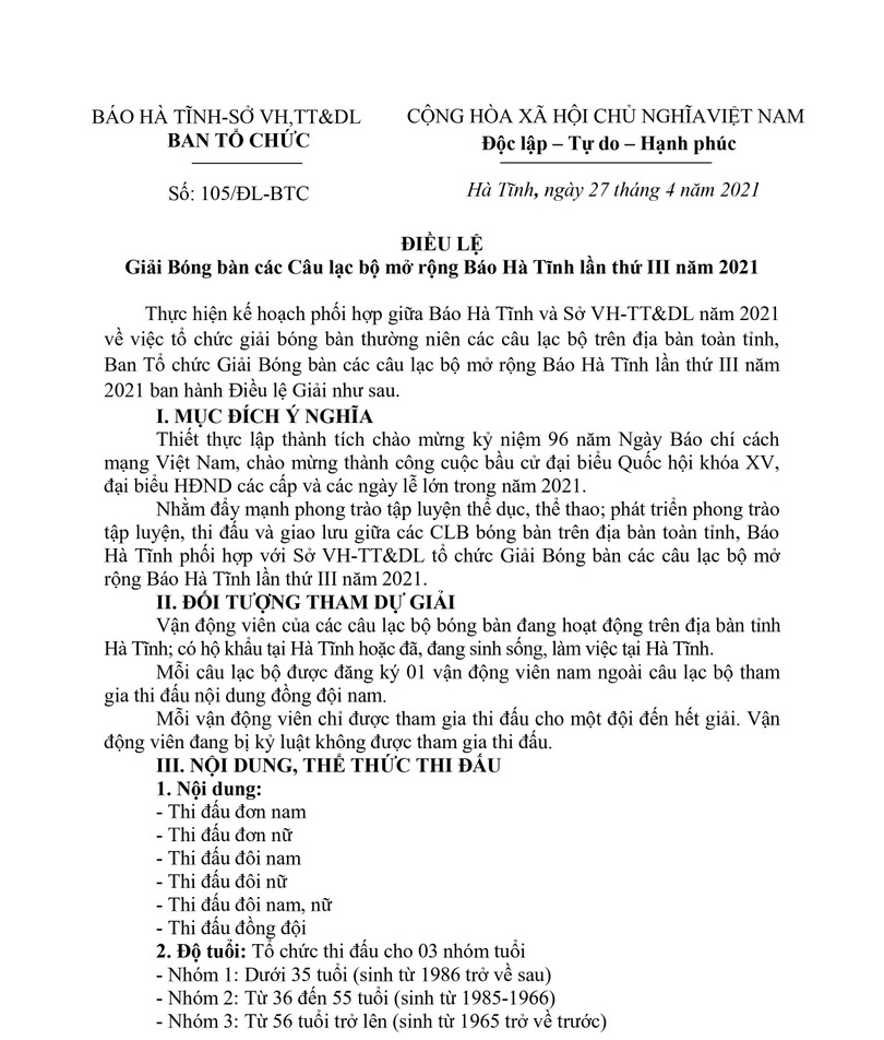 Khởi tranh Giải Bóng bàn Báo Hà Tĩnh mở rộng vào 25/6