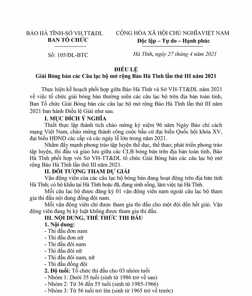 Khởi tranh Giải Bóng bàn Báo Hà Tĩnh mở rộng vào 25/6