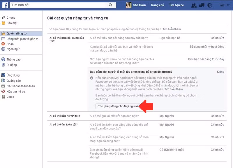 facebook cho nguoi dung vi thanh nien
