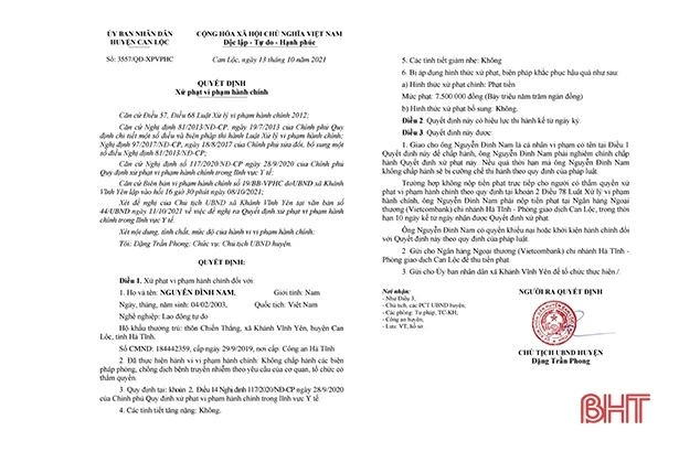 Can Lộc: Phạt 7,5 triệu đồng công dân vi phạm quy định cách ly