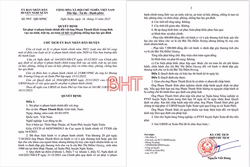 Gây thương tích với vợ, người đàn ông ở Nghi Xuân bị xử phạt 7,9 triệu đồng