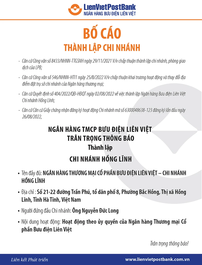 Ngân hàng TMCP Bưu điện Liên Việt thành lập Chi nhánh Hồng Lĩnh