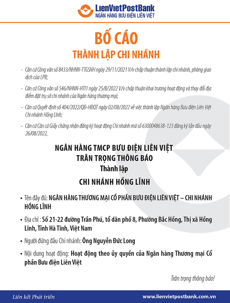 Ngân hàng TMCP Bưu điện Liên Việt thành lập Chi nhánh Hồng Lĩnh