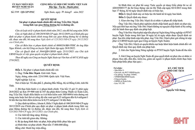 Xử phạt 17 triệu đồng lái xe vi phạm nồng độ cồn ở Nghi Xuân