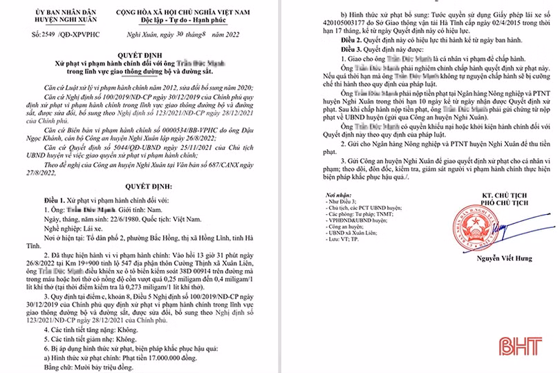 Xử phạt 17 triệu đồng lái xe vi phạm nồng độ cồn ở Nghi Xuân