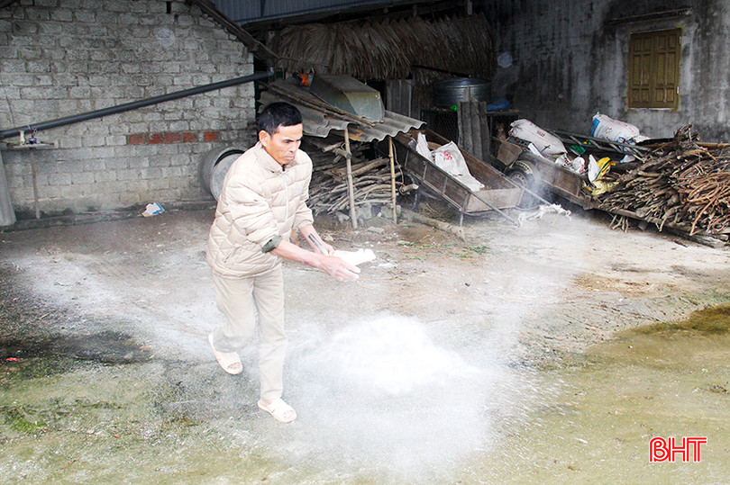 Bà con nông dân xã Bùi La Nhân rắc vôi bột khử trùng khu vực chuồng trại. 2.jpg