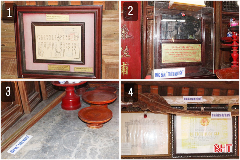 Các hiện vật tại nhà thờ Thượng thư Đào Hữu Ích: Ảnh 1 - Bản in mộc bản triều Nguyễn; Ảnh 2 - Mộc bản triều Nguyễn; Ảnh 3 - Bàn đá triều Nguyễn; Ảnh 4 - Đòn cáng bằng tre và bằng gỗ chạm rồng thời Nguyễn (phí trên 2 văn bằng) z5385807967437_d1414166fcec3b3e75bdb3e8daea5442.jpg