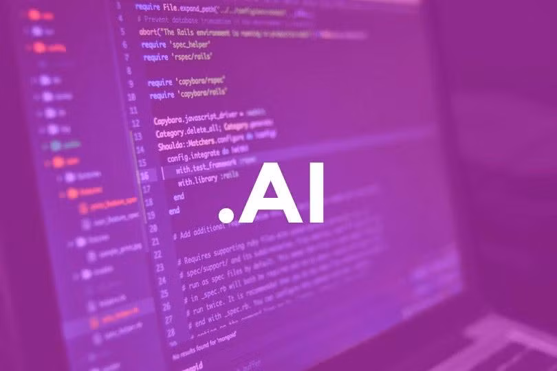 Tên miền .ai cùng máy tính hiển thị các dòng code lập trình. Ảnh: AIM.
