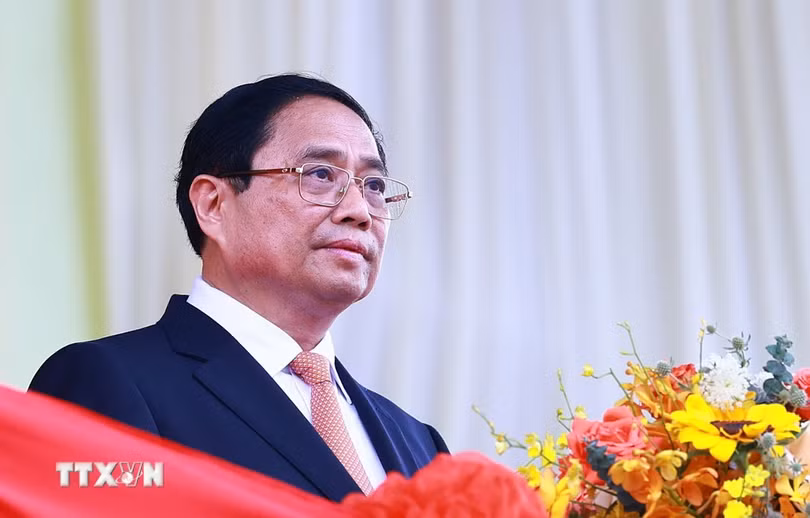 Thủ tướng Chính phủ Phạm Minh Chính đọc Diễn văn kỷ niệm 70 năm Chiến thắng Điện Biên Phủ. (Ảnh: Lâm Khánh/TTXVN)