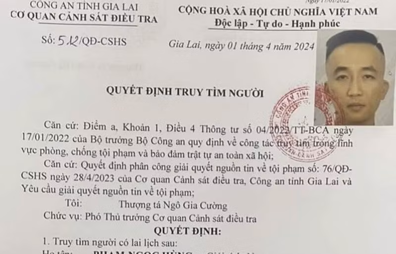 Quyết định truy nã đối tượng Phạm Ngọc Hùng (ảnh do CA cung cấp)
