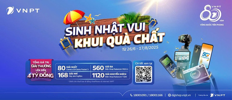Tưng bừng kỷ niệm sinh nhật 29 năm VinaPhone, VNPT triển khai chương trình “Sinh nhật vui – Khui quà chất” từ 26/6/2025 đến hết ngày 17/8/2025, tri ân gần 40 triệu khách hàng di động và Internet bằng hàng ngàn phần quà công nghệ hấp dẫn, tổng giá trị gần 4 tỷ đồng. z6744071432153-e32af1971d67798c456db80b564664c6.jpg