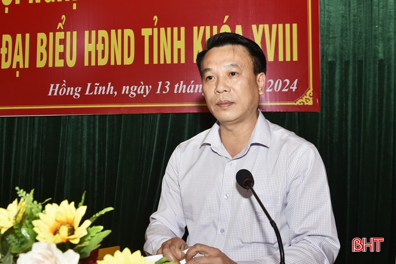 Chánh Văn phòng UBND tỉnh Nguyễn Huy Hùng đại diện Tổ đại biểu HĐND tỉnh bầu tại TX Hồng Lĩnh báo cáo với cử tri tình hình KT-XH, QP-AN của tỉnh năm 2024 và và kế hoạch phát triển KT-XH, QP-AN năm 2025.