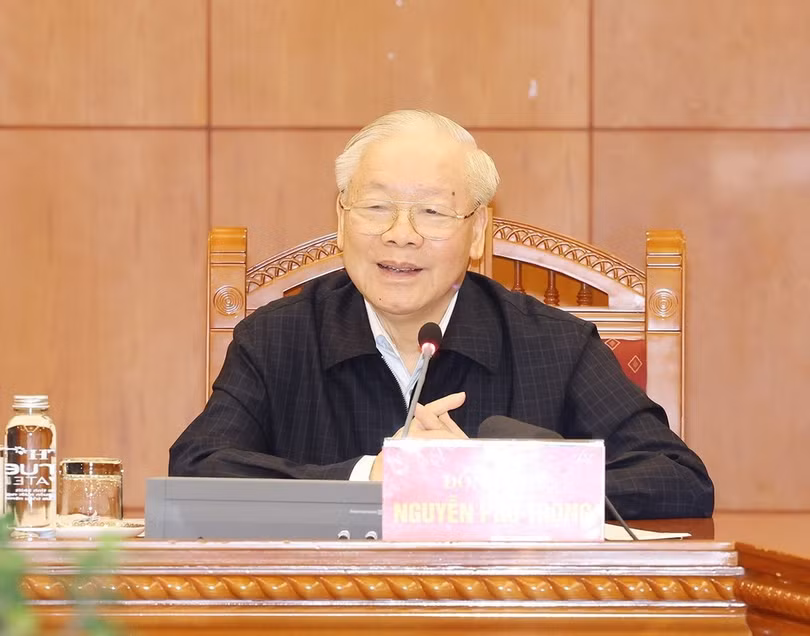 Tổng Bí thư Nguyễn Phú Trọng phát biểu kết luận phiên họp Tiểu ban Nhân sự Đại hội XIV của Đảng. (Ảnh: Trí Dũng/TTXVN)