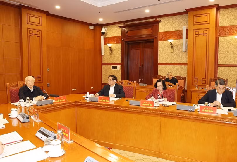 Tổng Bí thư Nguyễn Phú Trọng chủ trì phiên họp đầu tiên Tiểu ban Nhân sự Đại hội XIV của Đảng ngày 13/3/2024. (Ảnh: Trí Dũng/TTXVN)