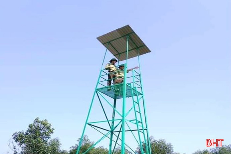 Cán bộ Ban Quản lý rừng phòng hộ Nam Hà Tĩnh lên chòi quan sát cháy rừng.