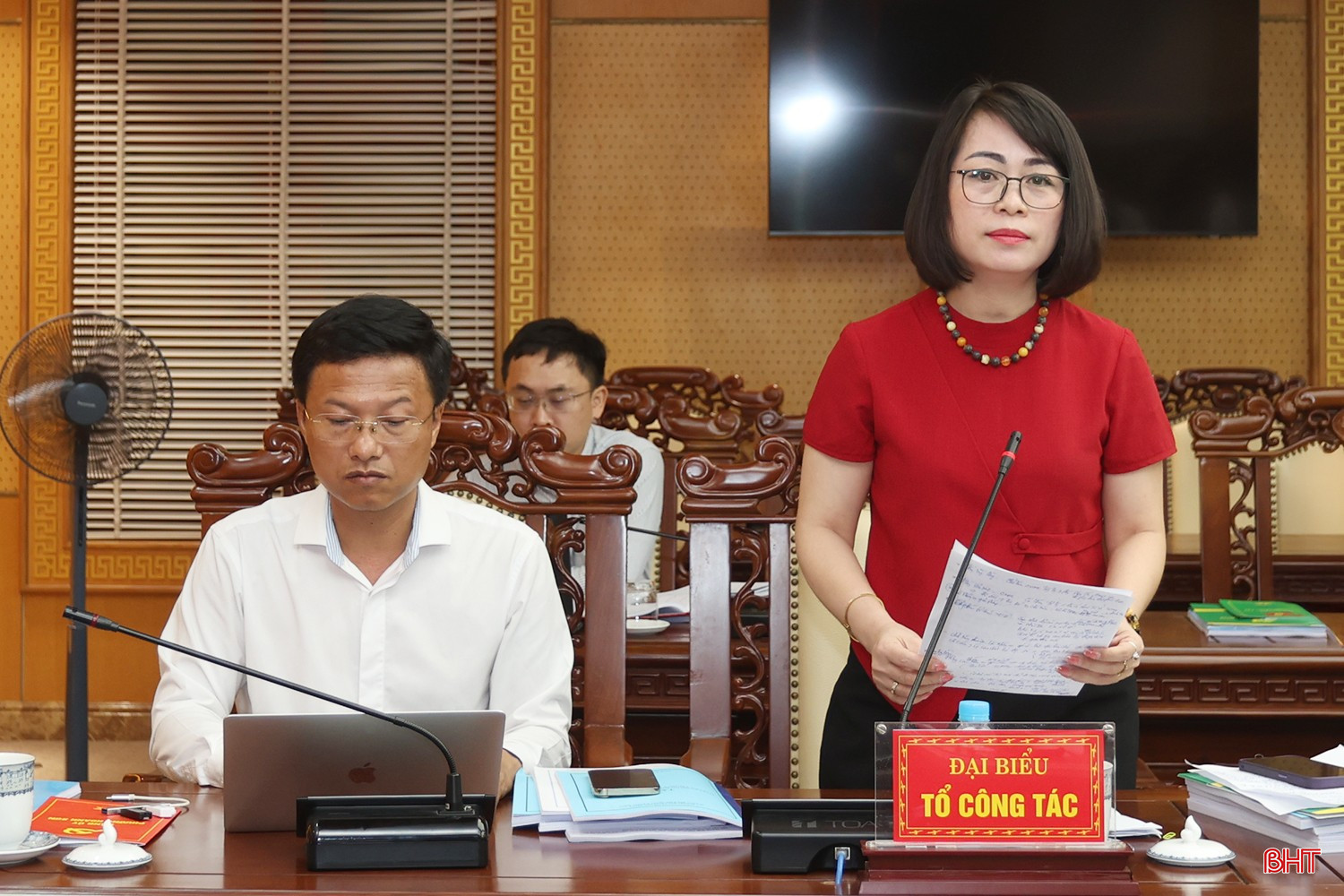 Phó Trưởng ban Tổ chức Tỉnh ủy Phan Thị Tố Hoa góp ý vào văn kiện đại hội các địa phương.
