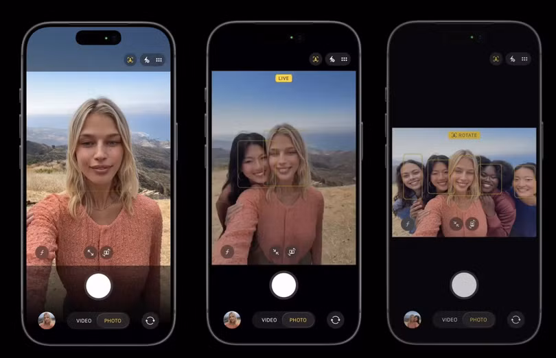 Cảm biến selfie vuông cùng tính năng Center Stage giúp người dùng thay đổi linh hoạt giữa khung hình dọc và ngang. Ảnh: Apple.