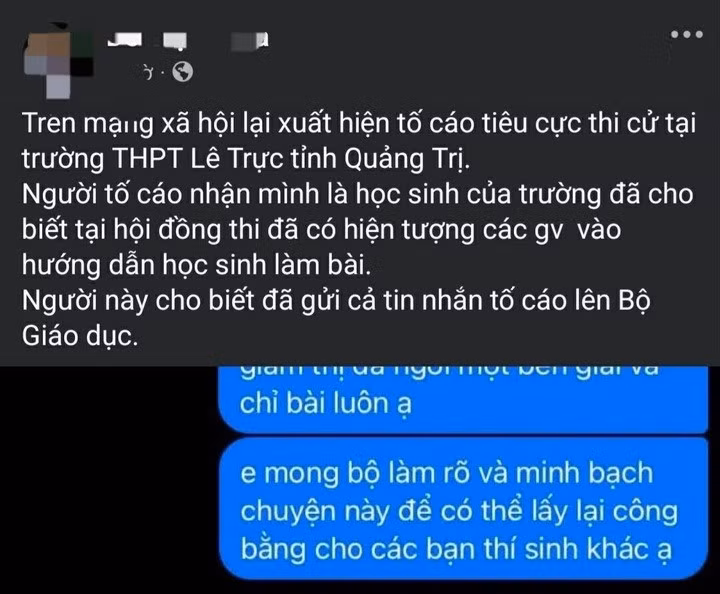 Thông tin lan truyền trên mạng xã hội phản ánh nghi vấn tiêu cực tại điểm thi trường THPT Lê Trực. (Ảnh chụp màn hình).