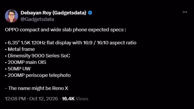 Thông tin về OPPO Reno X được leaker Debayan Roy tiết lộ.