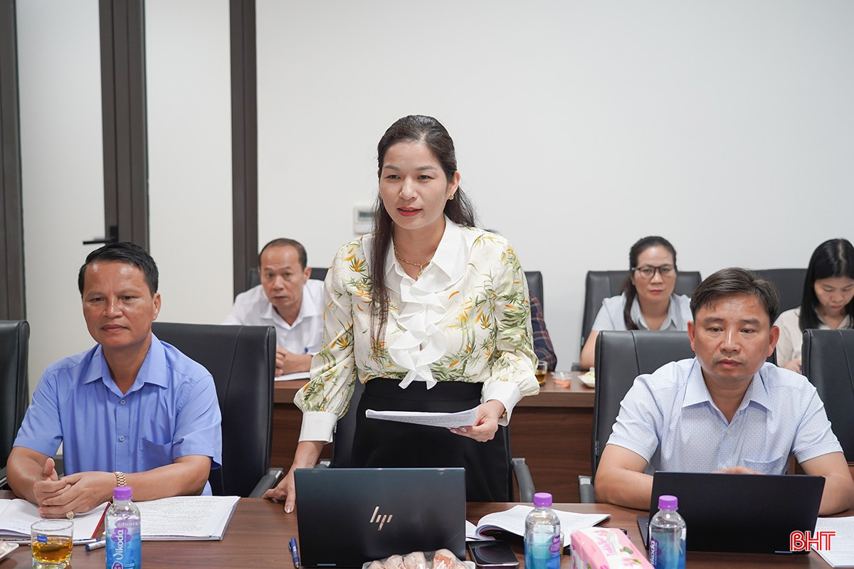 Phó Bí thư Thường trực Đảng ủy xã Đức Quang Trần Thị Thùy Nhung báo cáo tại hội nghị.