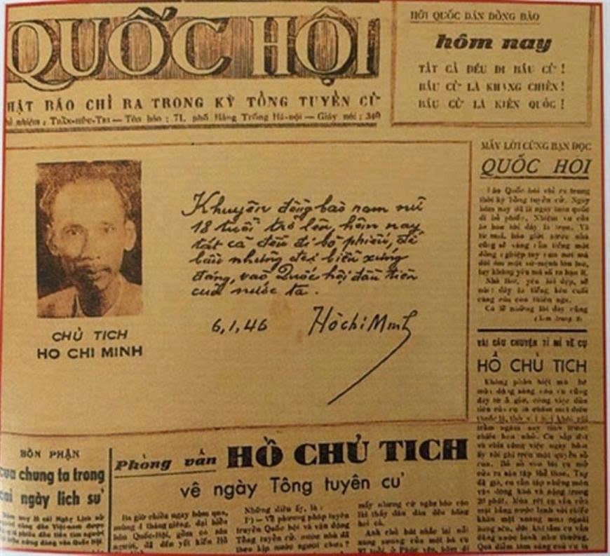 Chủ tịch Hồ Chí Minh và bút tích lời kêu gọi toàn dân đi bỏ phiếu của Người đăng trên Báo Quốc hội, số đặc biệt ngày 6/1/1946. Ảnh: Tư liệu