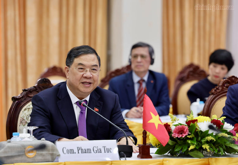 Phó Thủ tướng Thường trực Phạm Gia Túc hội đàm với Phó Thủ tướng Thường trực Lào Saleumxay Kommasith. Ảnh: chinhphu.vn/Phương Nguyên