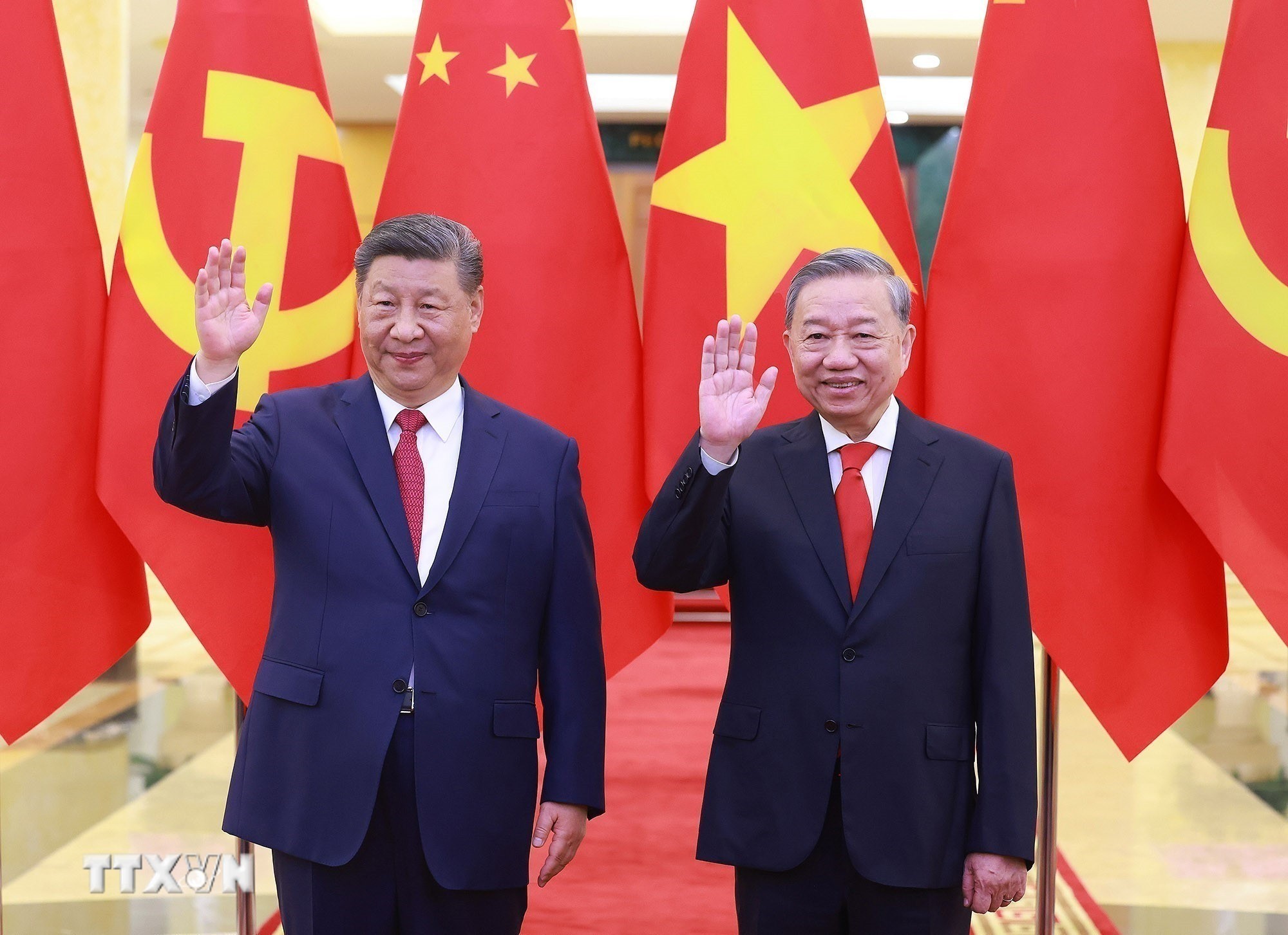 Chiều 14/4/2025, tại Trụ sở Trung ương Đảng, Tổng Bí thư Tô Lâm hội đàm với Tổng Bí thư, Chủ tịch nước Trung Quốc Tập Cận Bình thăm cấp Nhà nước tới Việt Nam. (Ảnh: Thống Nhất/TTXVN)