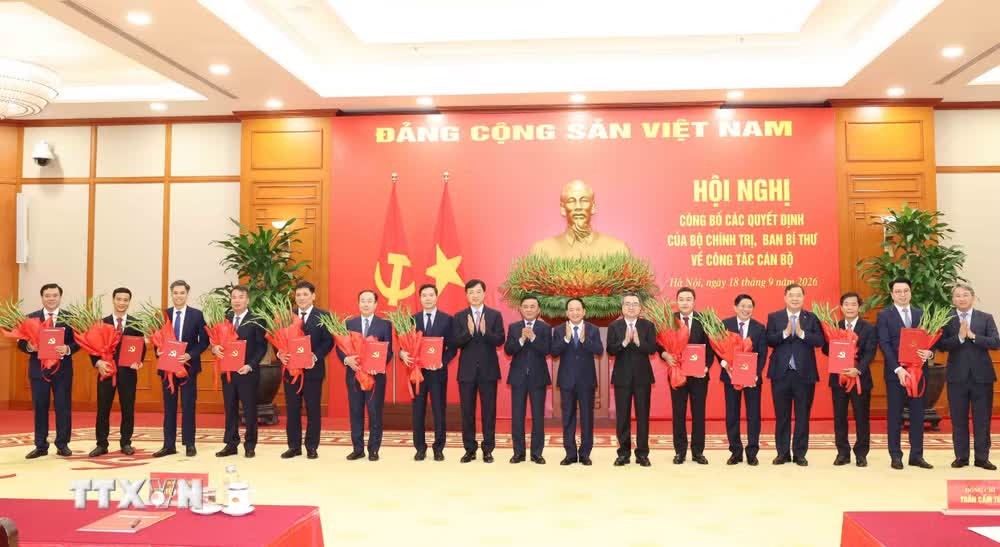 Thường trực Ban Bí thư Trần Cẩm Tú trao Quyết định của Bộ Chính trị, Ban Bí thư cho 12 đồng chí giữ chức Phó Bí thư Thường trực Tỉnh uỷ và các Phó Ban Đảng Trung ương. (Ảnh: Phương Hoa/TTXVN)