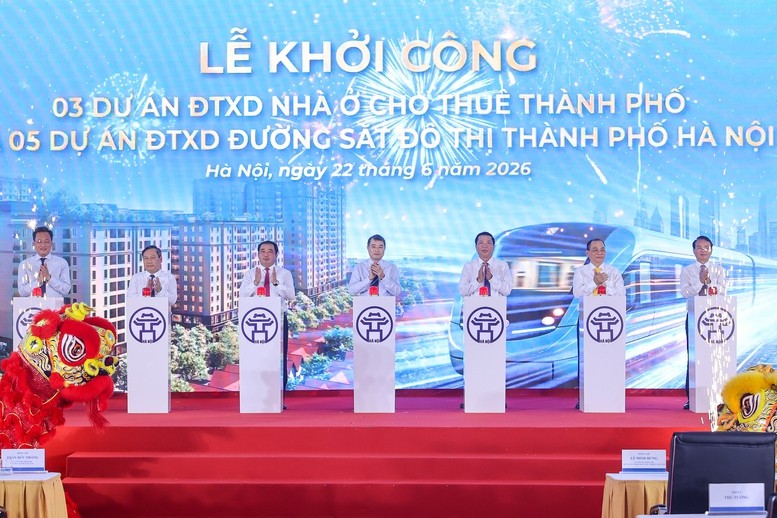 Thủ tướng Chính phủ Lê Minh Hưng và các đại biểu khởi công 5 tuyến đường sắt đô thị và 3 dự án nhà ở cho thuê trên địa bàn Hà Nội - Ảnh: VGP/Nhật Bắc