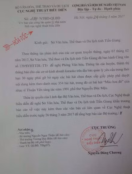 cuc nghe thuat bieu dien len tieng viec ca khuc mau hoa do bi tam dung luu hanh