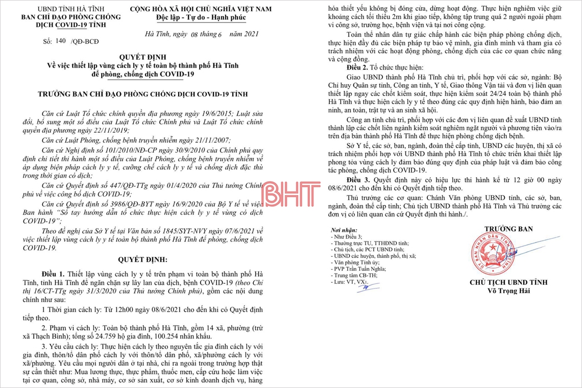 Chính thức: Thiết lập vùng cách ly y tế trên phạm vi toàn thành phố Hà Tĩnh