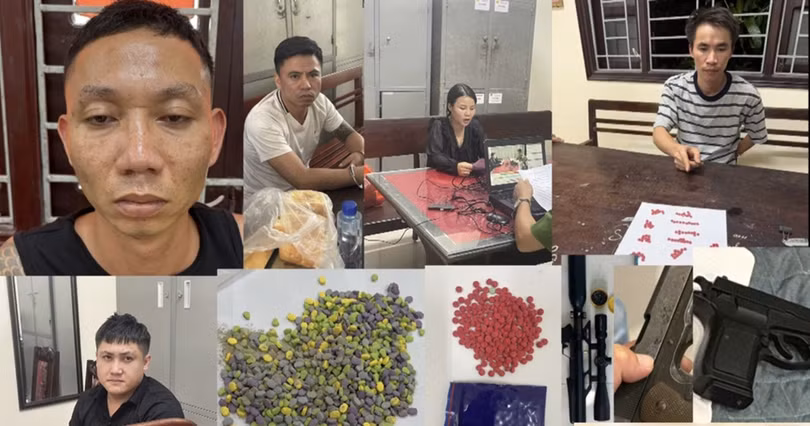 Nhóm nghi can cầm đầu và tang vật vụ án. Ảnh công an cung cấp