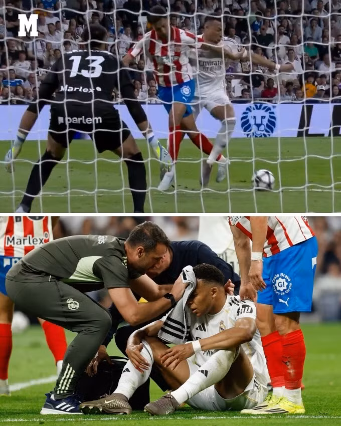 Tình huống Vitor Reis văng cùi chỏ trúng mặt, khiến Kylian Mbappe đổ máu. Ảnh: Marca