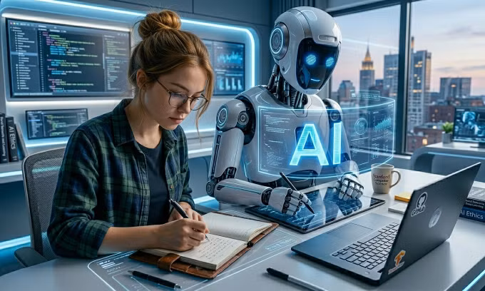 Minh họa con người và robot AI cùng sáng tạo nội dung. Ảnh: Gemini