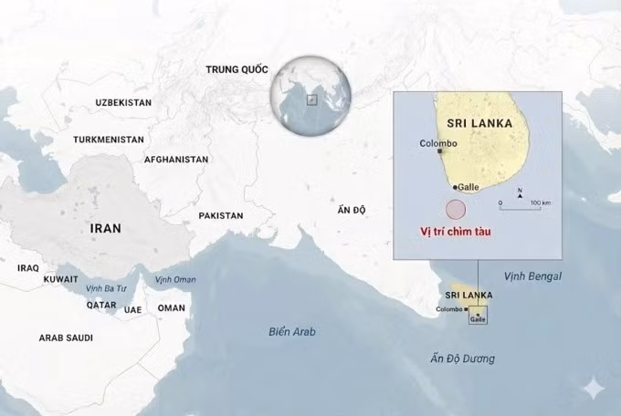 Vị trí tàu chiến Iran chìm ngoài khơi Sri Lanka. Đồ họa: Anadolu
