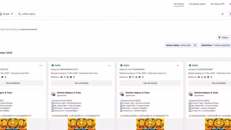 Các quảng cáo cờ bạc online trên Meta thường xuất hiện trong 6-8 tiếng. Ảnh: Rest of World.