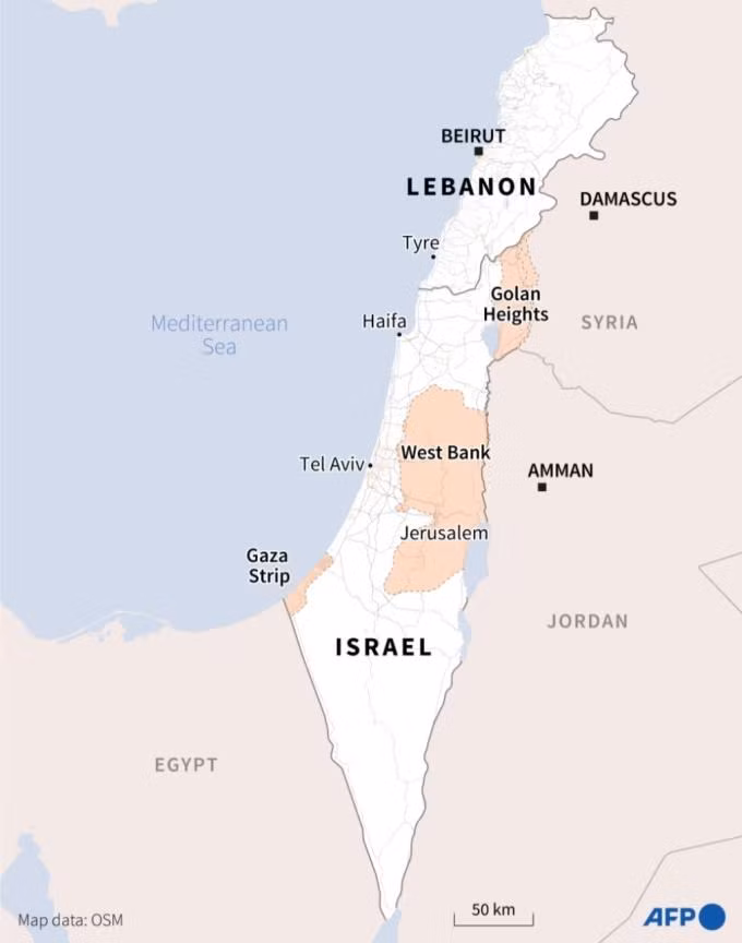 Vị trí Israel và Lebanon. Đồ họa: AFP