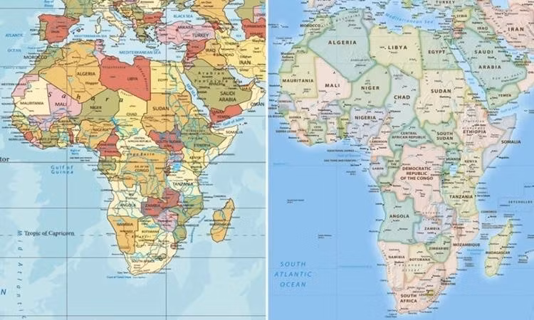 Châu Phi trên bản đồ dùng phép chiếu Mercator (trái) và bản đồ dùng phép chiếu Equal Earth (phải). Ảnh: Equal Earth